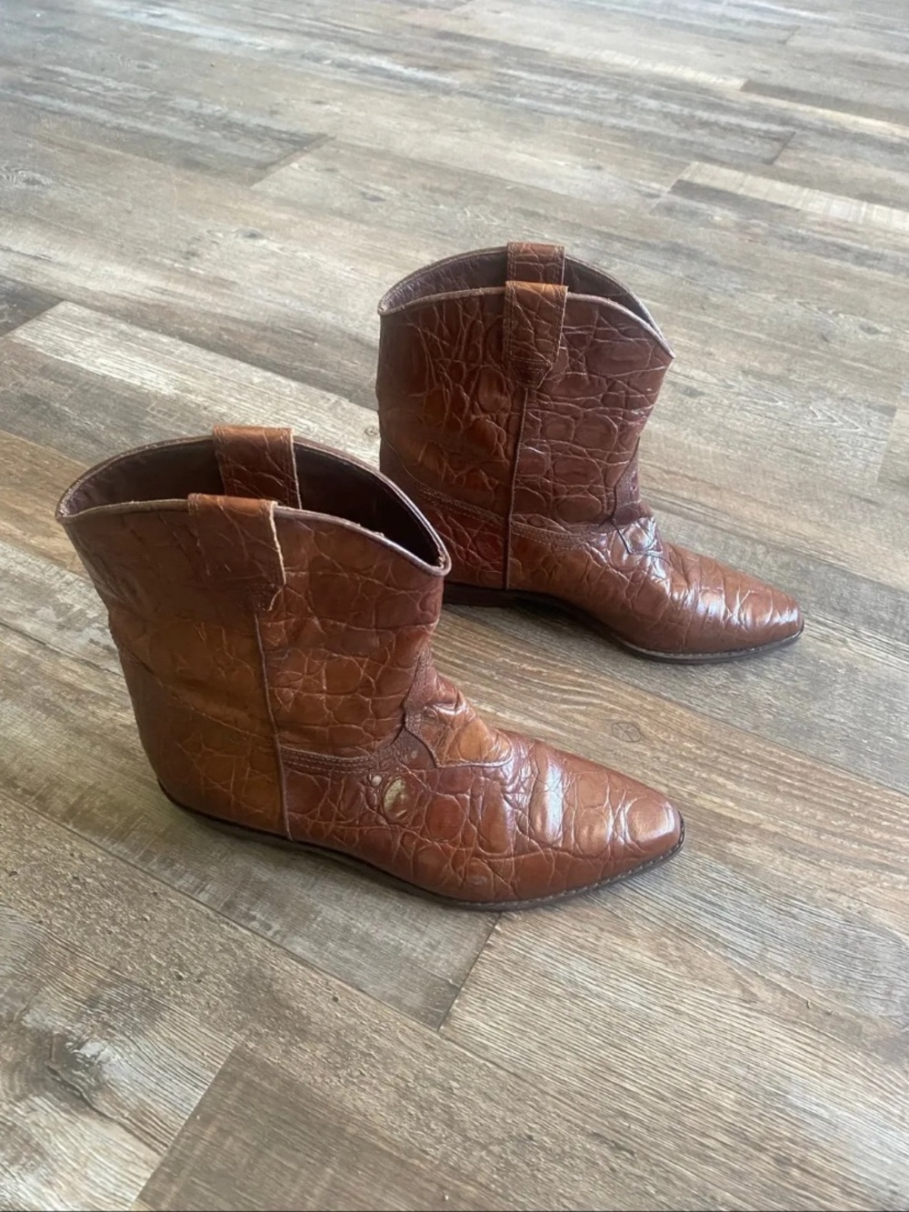 Unisa Brown Croc-Embossed Western Ankle Boots